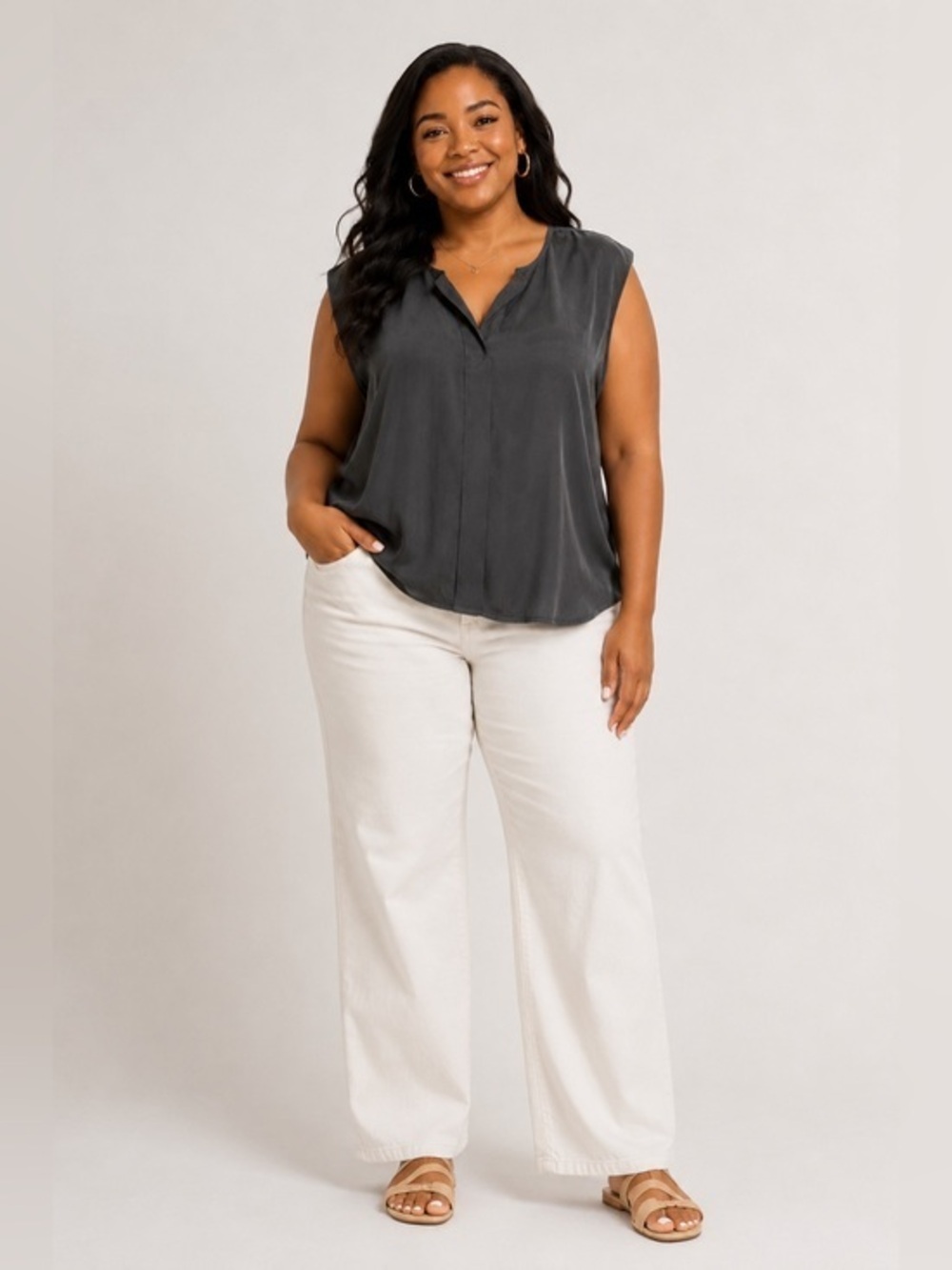 Go by GoSilk Black Silk Blouse L NWT Sleeveless Split Neck Office Workwear